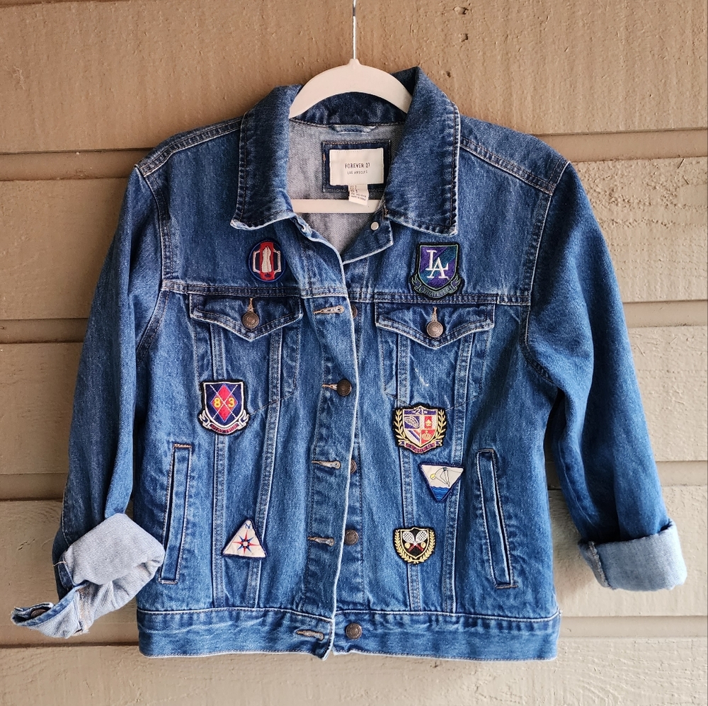Forever 21 denim jacket with embroided emblems size S